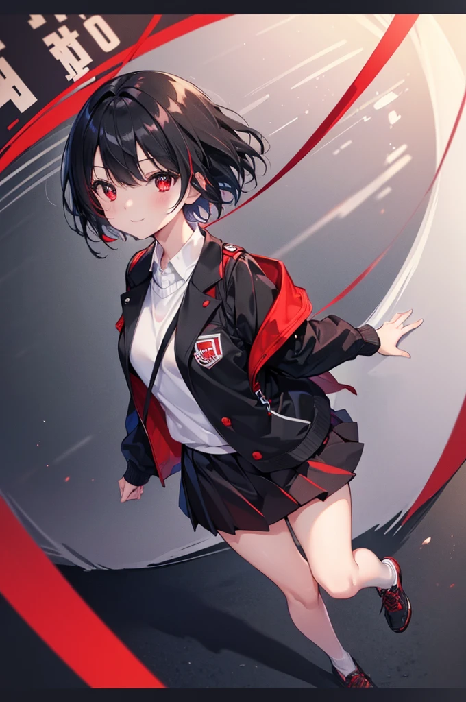 (masterpiece, highest quality, highest quality, (No text), Beautiful and aesthetic:1.2),No text,アニメ、BREAK,One Girl，Black Hair Girl　short hair　older sister　choker　Tree Eyes　Beautiful eyes　Red eyes　cool　smile　Red and Black　Black jacket　mini skirt　whole body　In town