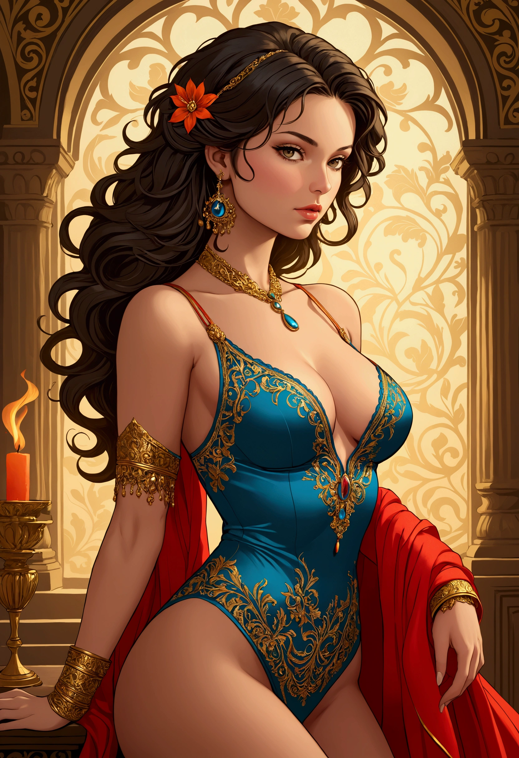 1woman 30year old, solo, long straight hair, looking at viewer,cleavage,detailed eyes,shy smile,jewelry, medium breasts, earrings,belt, bodystocking,necklace, bracelet, lips, armlet, ((dynamic pose)), ((dynamic angle)),
