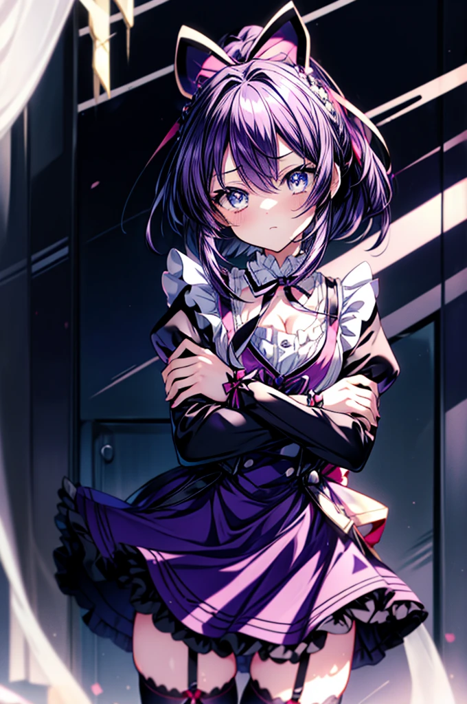 Tohka Yatogami,Tohka Yatogamilong hair, ponytail, (purple eyes:1.1), purple hair, ribbon, hair ribbon, bare chest,break apron, black ribbon, black skirt, black sleeves, removed collar, removed sleeve,embarrassing,,frillsエプロン, frilled skirt, frills, head wreath, long sleeve, maid, miniskirt, neck ribbon, purple ribbon, ribbon, ribbon trim, ribbon-trimmed sleeves, roswaal mansion maid uniform, short hair, skirt, Thighhighs, waist apron, white apron, white Thighhighs,arms crossed,
break looking at viewer, , whole body,In doors,
break (masterpiece:1.2), highest quality, High resolution, unity 8k wallpaper, (figure:0.8), (detailed and beautiful eyes:1.6), highly detailed face, perfect lighting, Very detailed CG, (perfect hands, perfect anatomy),