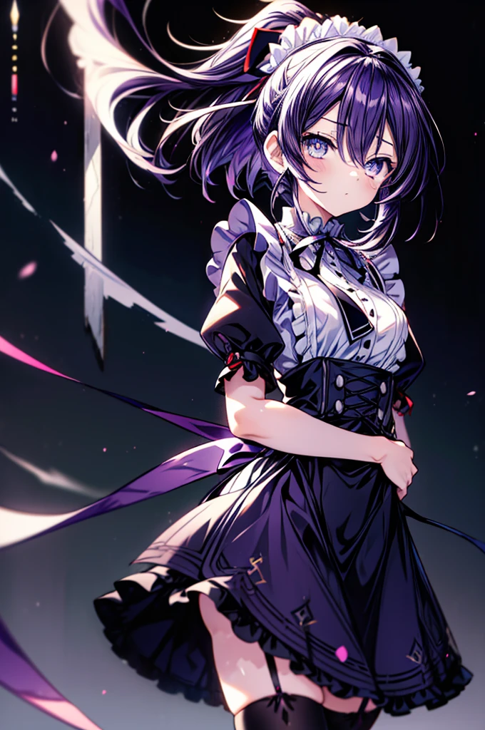 Tohka Yatogami,Tohka Yatogamilong hair, ponytail, (purple eyes:1.1), purple hair, ribbon, hair ribbon, bare chest,break apron, black ribbon, black skirt, black sleeves, removed collar, removed sleeve,embarrassing,,frillsエプロン, frilled skirt, frills, head wreath, long sleeve, maid, miniskirt, neck ribbon, purple ribbon, ribbon, ribbon trim, ribbon-trimmed sleeves, roswaal mansion maid uniform, short hair, skirt, Thighhighs, waist apron, white apron, white Thighhighs,arms crossed,
break looking at viewer, , whole body,In doors,
break (masterpiece:1.2), highest quality, High resolution, unity 8k wallpaper, (figure:0.8), (detailed and beautiful eyes:1.6), highly detailed face, perfect lighting, Very detailed CG, (perfect hands, perfect anatomy),