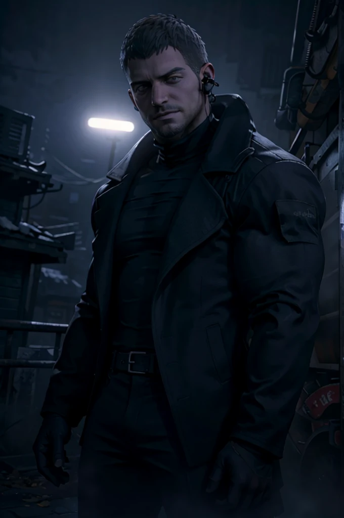 Dark gothic village in the background, old Chris Redfield from Resident Evil 8, 48, muscular male, tall and hunk, black cold turtleneck, coat, straps, belt, earpiece, beard, handsome face, little smile, video games style, high resolution:1.2, best quality, masterpiece, dark nightime, dark atmosphere, volumetric lighting, shadow, potrait