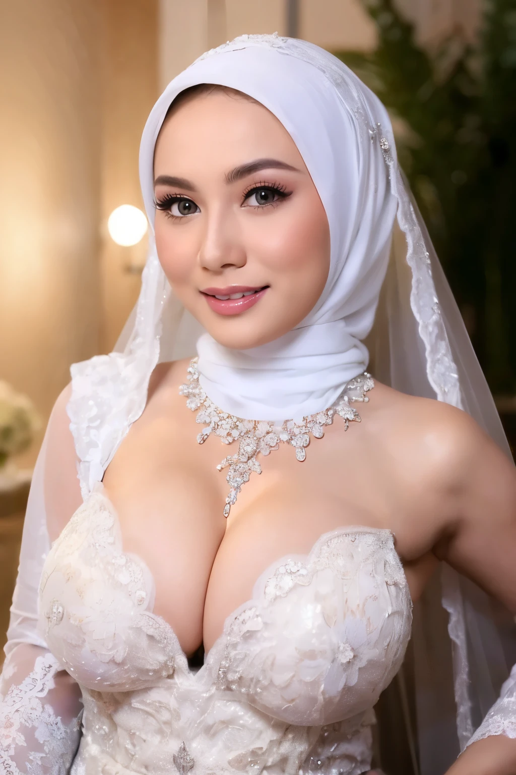 Hyper realistic, Beautiful hijab girl, (wearing white hijab), nude, naked, luxury necklace, White Skin, Perfect Potrait, Bokeh Effect, Look at Viewer, Armpit, ((adorable:1.2)), ((masterpiece:1.1)), ((bokeh:1.2)), (dynamic seducing pose), seductive smile, flirting eyes,Clear focus: 1.2, 1 indonesian hijab girl, georgeus sexy wedding dress, (white silver hijab, medium saggy breasts: 1.3), perfect nude bride, (detailed lace material), (indoor, studio lighting: 1.1), porn studio background, Super fine face, fine eyes, double eyelids, naughty smile, upper body pose, slut wedding bride, 