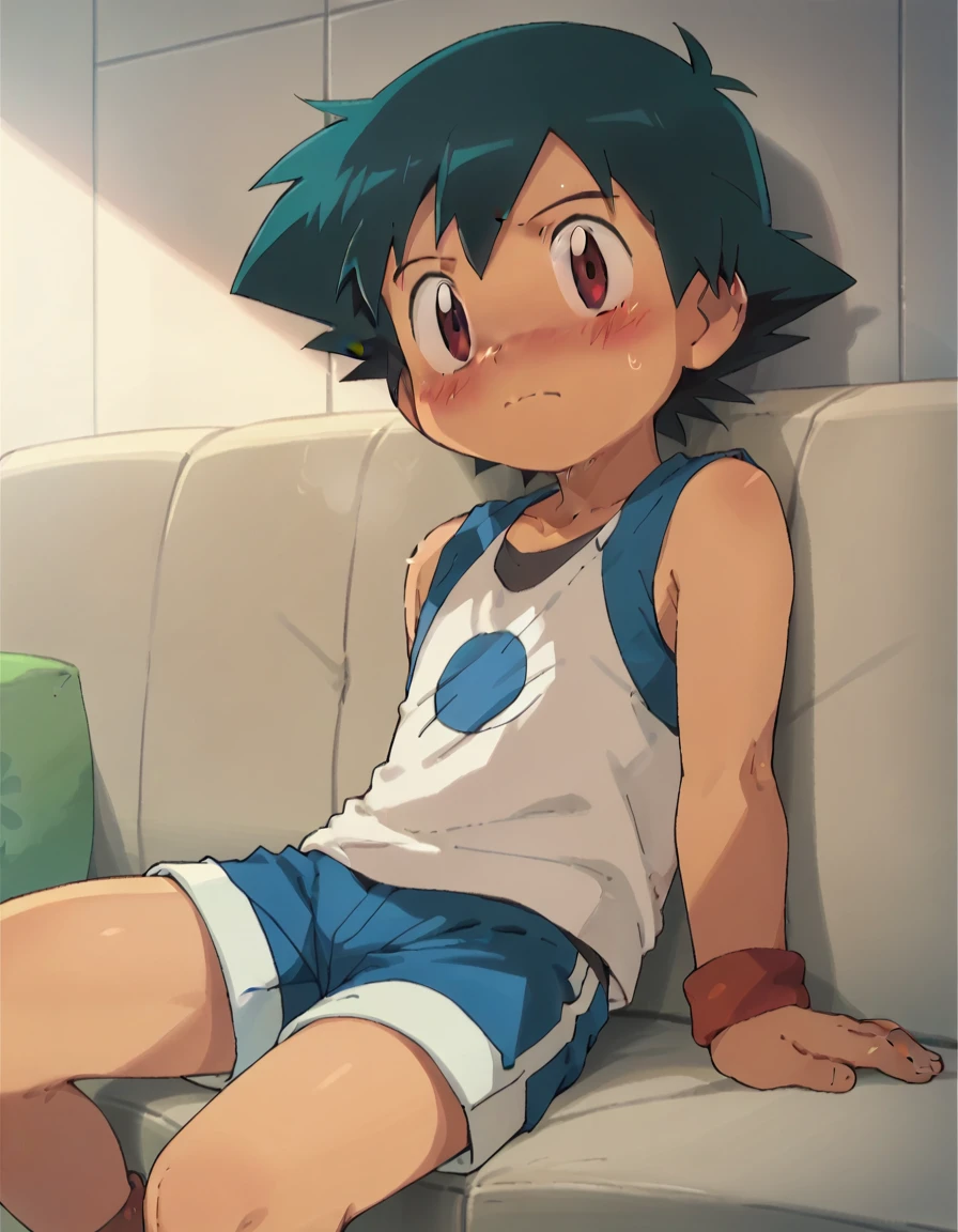 Ash Ketchum, cute, Wear shorts, sofa, Blush, solo