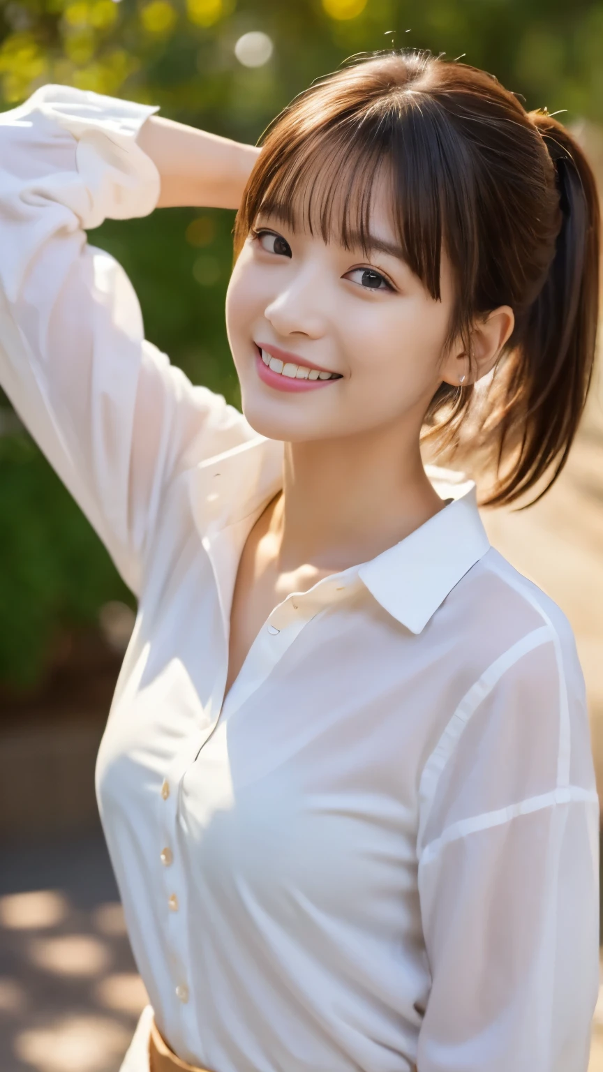 masterpiece,best quality,official art,extremely detailed CG unity 8k wallpaper,1girl, like student,pretty,an extremely delicate and beautiful,ultra high res, (photorealistic:1.4), ,golden hour lighting,,(upper body), (platinum short hair:0.8), ((puffy eyes)), looking at viewer, facing front, smiling, laughing,jk skirt, white dress,shirtlift, long black hair