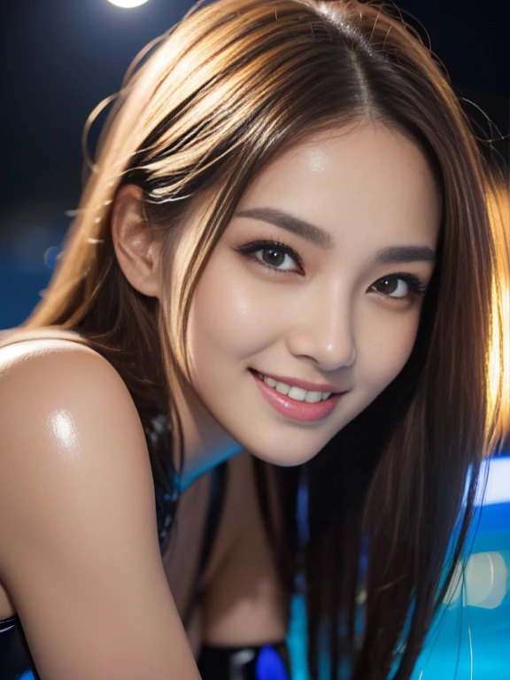 Latex bodysuit、Knee-high boots、Huge 、Long brown hair、Shiny, Oily skin、Glowing Skin、Indoor competition pool、White skin、 Body Portrait, 8k, Narrow and beautiful eyes, Dindal effect, masterpiece, 最high quality, high quality, High resolution, Very detailed photos, (Natural skin texture, Fine skin, Hyperrealism, Ultra Sharpness) , Skin with attention to detail, (Very fine, Fine skin texture, Intricate details, Beautiful Face, (A vivid face), Realistic eyes, Beautiful and detailed, Realistic Skin, Beautiful Skin, surreal, Very detailed, Golden Ratio, Smiling Eyes, ((Night moonlight background)), Body Portrait, glamorous, Shiny Bodysuit
