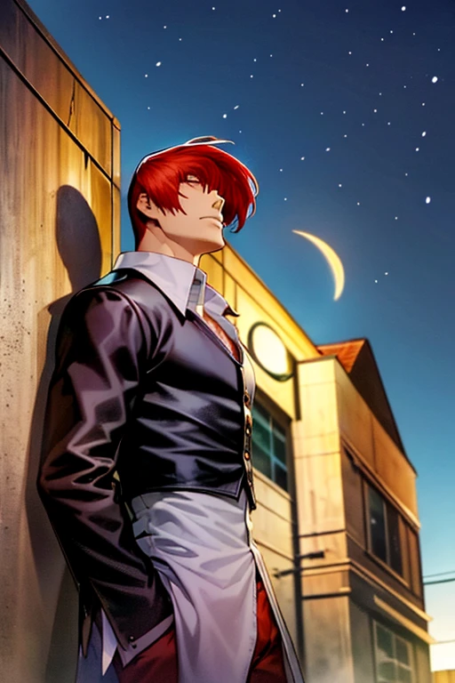 Leaning back against the wall of a back alley, looking up at the sky, midnight, dark sky, night view, crescent moon, red hair, male, 30 years old１Person Red eyes Long and narrow Sharp eyes Narrow eyes Cold expression Looking away/looking at another narrow one’s eyes