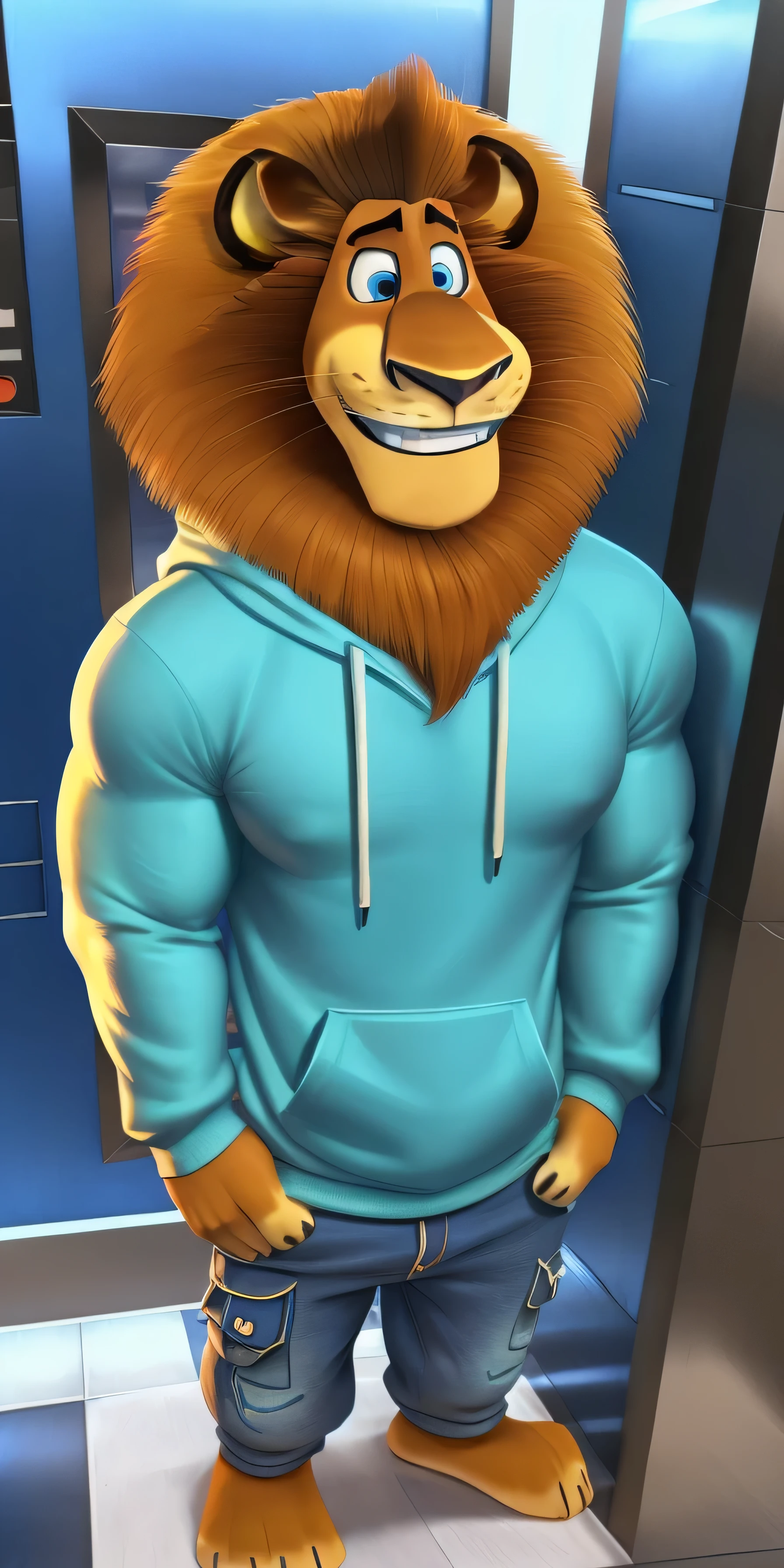 Alex the Lion, muscular body, big biceps, extremely beautiful and cute face, perfectly detailed blue eyes with perfectly detailed pupils, wears cyan sweatshirt, pink cargo shorts, blue sneakers, streets background, selfie, friendly look, smile