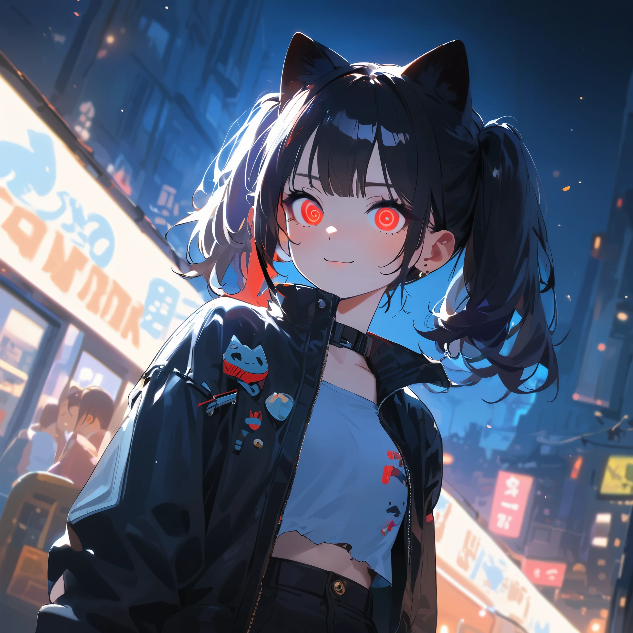 solo,1girl\(cute, kawaii, ,(evil smile),(black hair:1),(long hair),(twin tails hair),pale skin, skin color blue, red eyes, eyes shining, (big eyes),(breast:1.4),(punk fashion:1.6),(ripped clothes:1.5),(tight tube top),(tight hot pants),(stomach shown:0.6),(ripped black short jacket:1.4),(fluffy black cat-ear:1.2),(dynamic pose),(cute pose), spiralwash eyes, spiral eyes\), BREAK ,background\(outside, noisy city, backstreet, narrow street, neon lights, at night\), BREAK ,quality\(8k,wallpaper of extremely detailed CG unit, ​masterpiece, high resolution, top-quality, top-quality real texture skin, hyper realistic, increase the resolution, RAW photos, best quality, highly detailed, the wallpaper, golden ratio\),(close up:1.0),dynamic angle