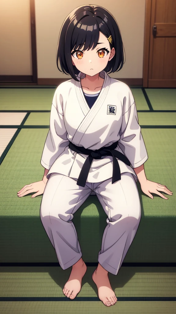 ((masterpiece, Highest quality, Very detailed, Very nice 8K CG wallpaper)), , A little thick, Medium Hair, Slightly dark blue black hair, short hair, Deep orange eyes,judo player、長袖judo着、Large bust、ロングjudoパンツ、judo、Cute expression、Inside the judo Gymnasium、、On the tatami、discovery、One Girl、whole body、rest、Shiraishi Apricot、Bust Size D Cup