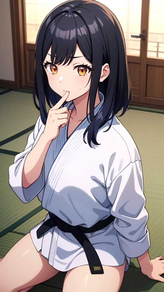 ((masterpiece, Highest quality, Very detailed, Very nice 8K CG wallpaper)), , A little thick, Medium Hair, Slightly dark blue black hair, short hair, Deep orange eyes,judo player、長袖judo着、Large bust、ロングjudoパンツ、judo、Cute expression、Inside the judo Gymnasium、、On the tatami、discovery、One Girl、whole body、rest、Shiraishi Apricot、Bust Size D Cup、Sweating