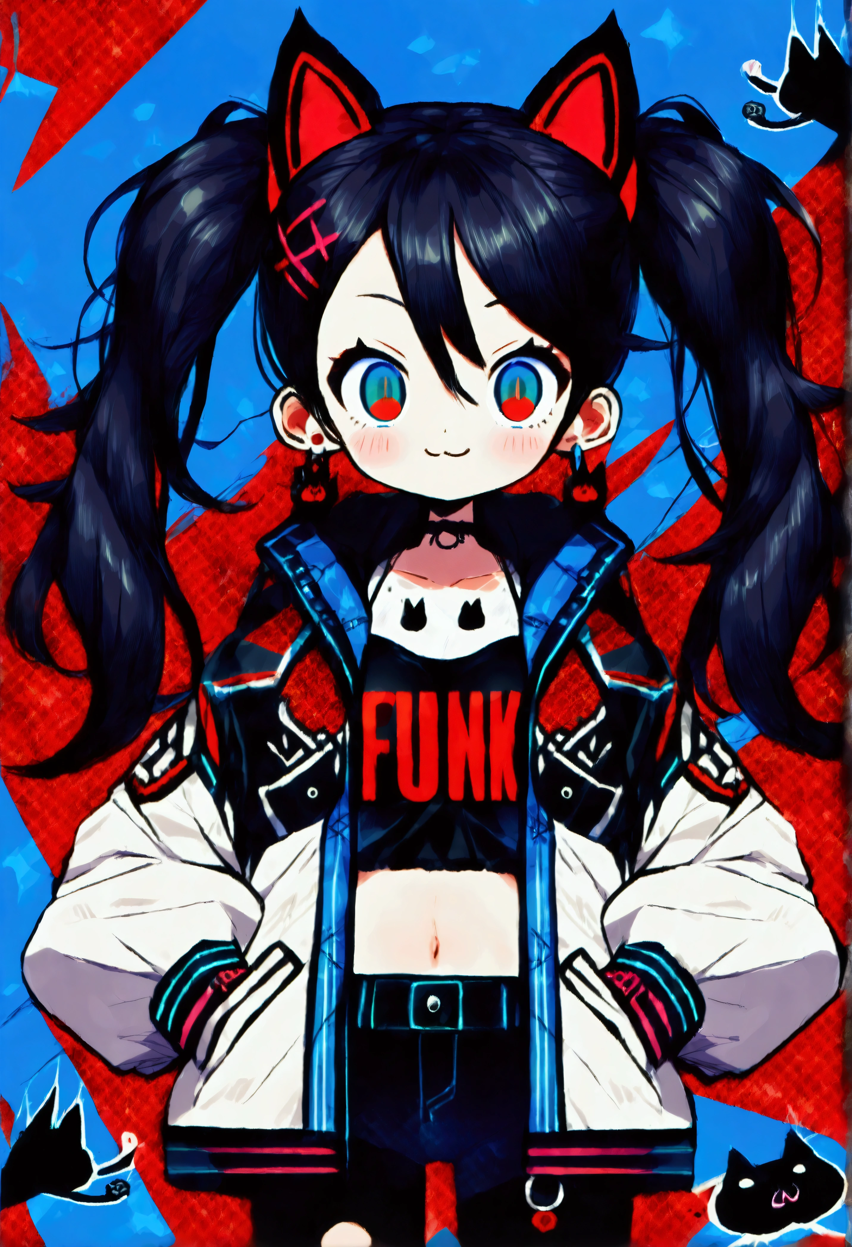 solo,1girl\(cute, kawaii, age of 12,(evil smile),(black hair:1),(long hair),(twin tails hair),pale skin, skin color blue, red eyes, eyes shining, (big eyes),(breast:1.4),(punk fashion:1.6),(ripped clothes:1.5),(tight tube top),(tight hot pants),(stomach shown:0.8),(ripped black short jacket:1.4),(fluffy black cat-ear:1.4),(dynamic pose),(cute pose), spiralwash eyes, spiral eyes,bang\), BREAK ,background\(outside, noisy city, backstreet, narrow street, neon lights, at night\), BREAK ,quality\(8k,wallpaper of extremely detailed CG unit, ​masterpiece, high resolution, top-quality, top-quality real texture skin, hyper realistic, increase the resolution, RAW photos, best quality, highly detailed, the wallpaper, golden ratio\),(close up:1.0)