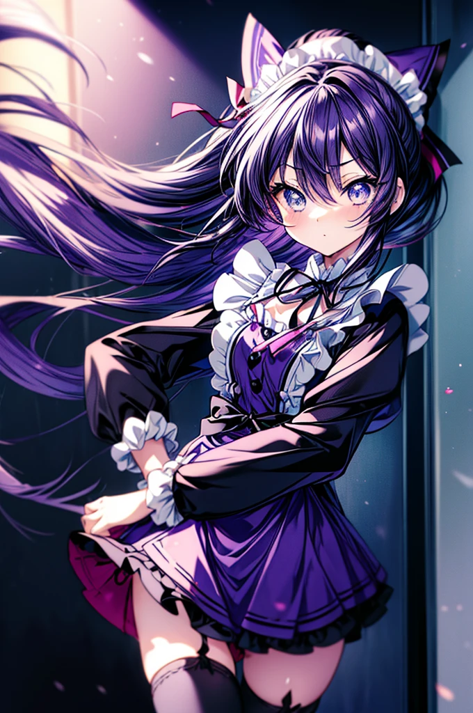 Tohka Yatogami,Tohka Yatogami.long hair, ponytail, (purple eyes:1.1), purple hair, ribbon, hair ribbon, bare chest,front open,break apron, black ribbon, black skirt, black sleeves, removed collar, removed sleeve,embarrassing,frills, frilled skirt, frills, head wreath, long sleeve, maid, miniskirt, neck ribbon, purple ribbon, ribbon, ribbon trim, ribbon-trimmed sleeves, roswaal mansion maid uniform, short hair, skirt, Thighhighs, waist apron, white apron, white Thighhighs,arms crossed,
break looking at viewer, , whole body,In doors,
break (masterpiece:1.2), highest quality, High resolution, unity 8k wallpaper, (figure:0.8), (detailed and beautiful eyes:1.6), highly detailed face, perfect lighting, Very detailed CG, (perfect hands, perfect anatomy),