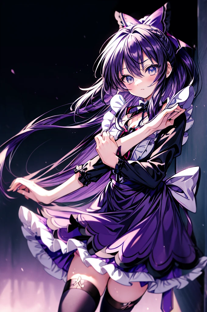 Tohka Yatogami,Tohka Yatogami.long hair, ponytail, (purple eyes:1.1), purple hair, ribbon, hair ribbon, bare chest,front open,break apron, black ribbon, black skirt, black sleeves, removed collar, removed sleeve,embarrassing,frills, frilled skirt, frills, head wreath, long sleeve, maid, miniskirt, neck ribbon, purple ribbon, ribbon, ribbon trim, ribbon-trimmed sleeves, roswaal mansion maid uniform, short hair, skirt, Thighhighs, waist apron, white apron, white Thighhighs,arms crossed,
break looking at viewer, , whole body,In doors,
break (masterpiece:1.2), highest quality, High resolution, unity 8k wallpaper, (figure:0.8), (detailed and beautiful eyes:1.6), highly detailed face, perfect lighting, Very detailed CG, (perfect hands, perfect anatomy),