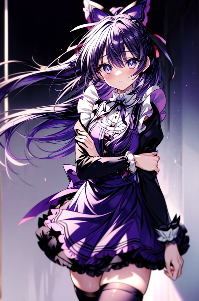 Tohka Yatogami,Tohka Yatogami.long hair, ponytail, (purple eyes:1.1), purple hair, ribbon, hair ribbon, bare chest,front open,break apron, black ribbon, black skirt, black sleeves, removed collar, removed sleeve,embarrassing,frills, frilled skirt, frills, head wreath, long sleeve, maid, miniskirt, neck ribbon, purple ribbon, ribbon, ribbon trim, ribbon-trimmed sleeves, roswaal mansion maid uniform, short hair, skirt, Thighhighs, waist apron, white apron, white Thighhighs,arms crossed,
break looking at viewer, , whole body,In doors,
break (masterpiece:1.2), highest quality, High resolution, unity 8k wallpaper, (figure:0.8), (detailed and beautiful eyes:1.6), highly detailed face, perfect lighting, Very detailed CG, (perfect hands, perfect anatomy),