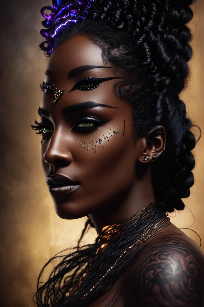 a voodoo witch, ultra-sexy, full body shot, golden glowing eyes, detailed face, intricate tattoos, dark mystical aura, flowing black hair, dark clothing, dramatic lighting, moody atmosphere, fantasy, cinematic, photorealistic, (best quality,4k,8k,highres,masterpiece:1.2),ultra-detailed,(realistic,photorealistic,photo-realistic:1.37)