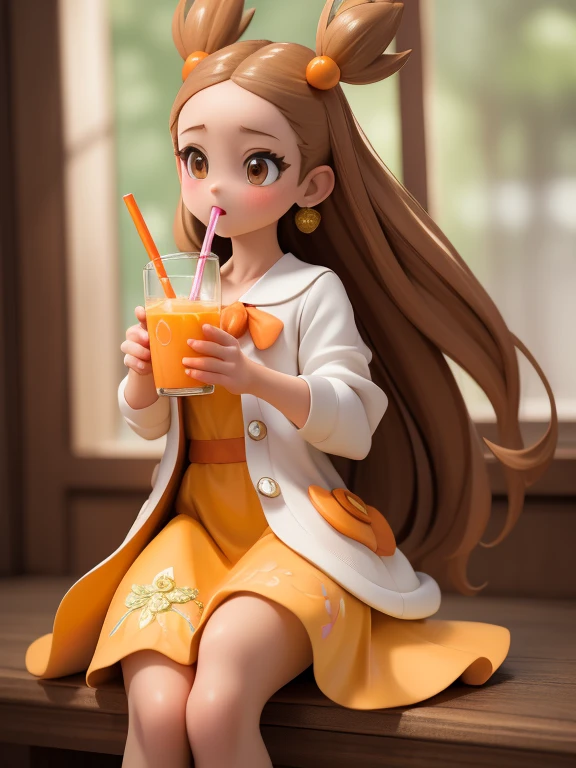 (masterpiece, Highest quality:1.2), Very detailed, , alone, jasmine \(Pokemon\), Princess Dress, White jacket, Orange ribbon, Brown eyes,Drinking orange juice