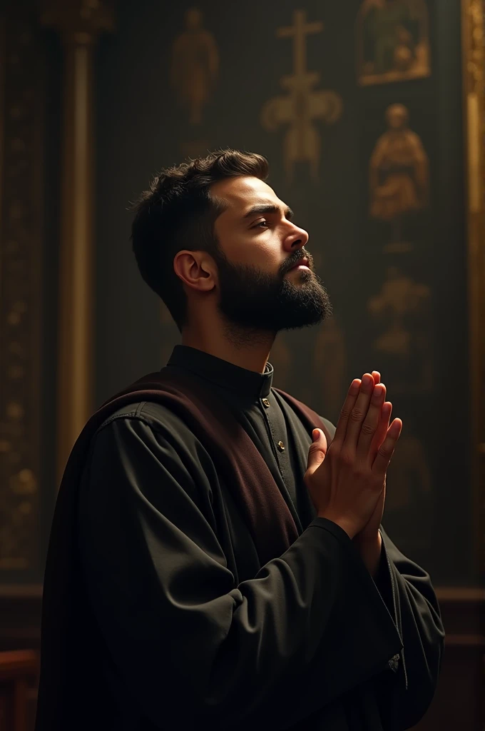 Christian man, 30 years old, praying with one eye open and the other closed, several people around watching, field environment