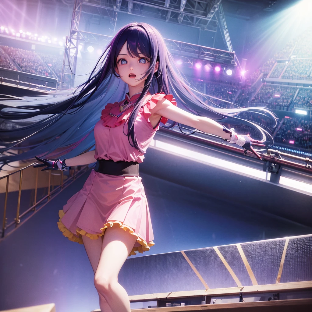 A beautiful, detailed, photorealistic rendition of Ai Hoshino, a famous Japanese idol, performing an energetic dance routine on stage during a concert. Ai Hoshino has long, flowing blue hair, bright blue eyes, and a captivating expression. She wears a vibrant, multi-colored stage costume with intricate patterns and details. The stage is illuminated with colorful, dynamic lighting that creates a mesmerizing atmosphere. The background features a packed audience cheering and applauding, contributing to the energy and excitement of the performance. Cinematic camera angles, hyper-detailed textures, and a vivid color palette combine to produce an incredibly realistic and visually stunning depiction of this lively concert scene.