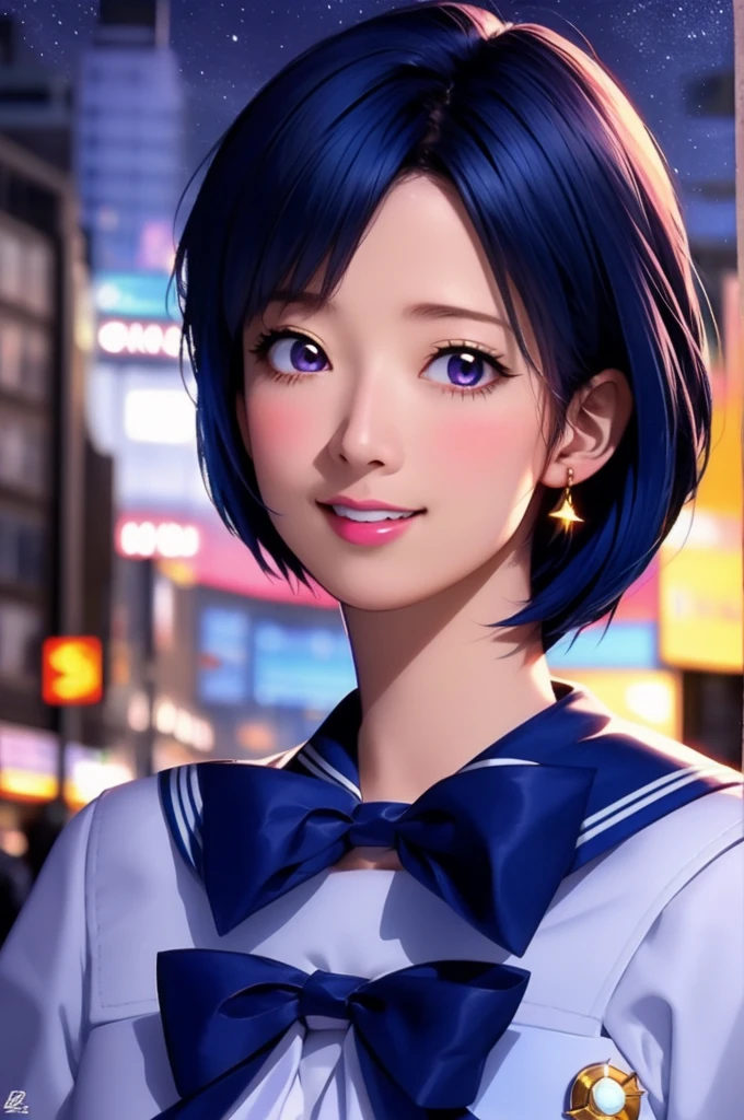 (alone, One girl), (Absurd, High resolution, formula wallpaper, Poster), (masterpiece, Highest quality:1.2), (figure, Realistic), (Perfect detail, Most detailed, Very detailed), Dramatic Light, Ami Mizuno, (Sailor Mercury, Neck ribbon, Blue Hair, short hair, Circlet, jewelry, Crescent-shaped earrings), (city, Starry Sky), (Captivating smile, blush, Are standing)