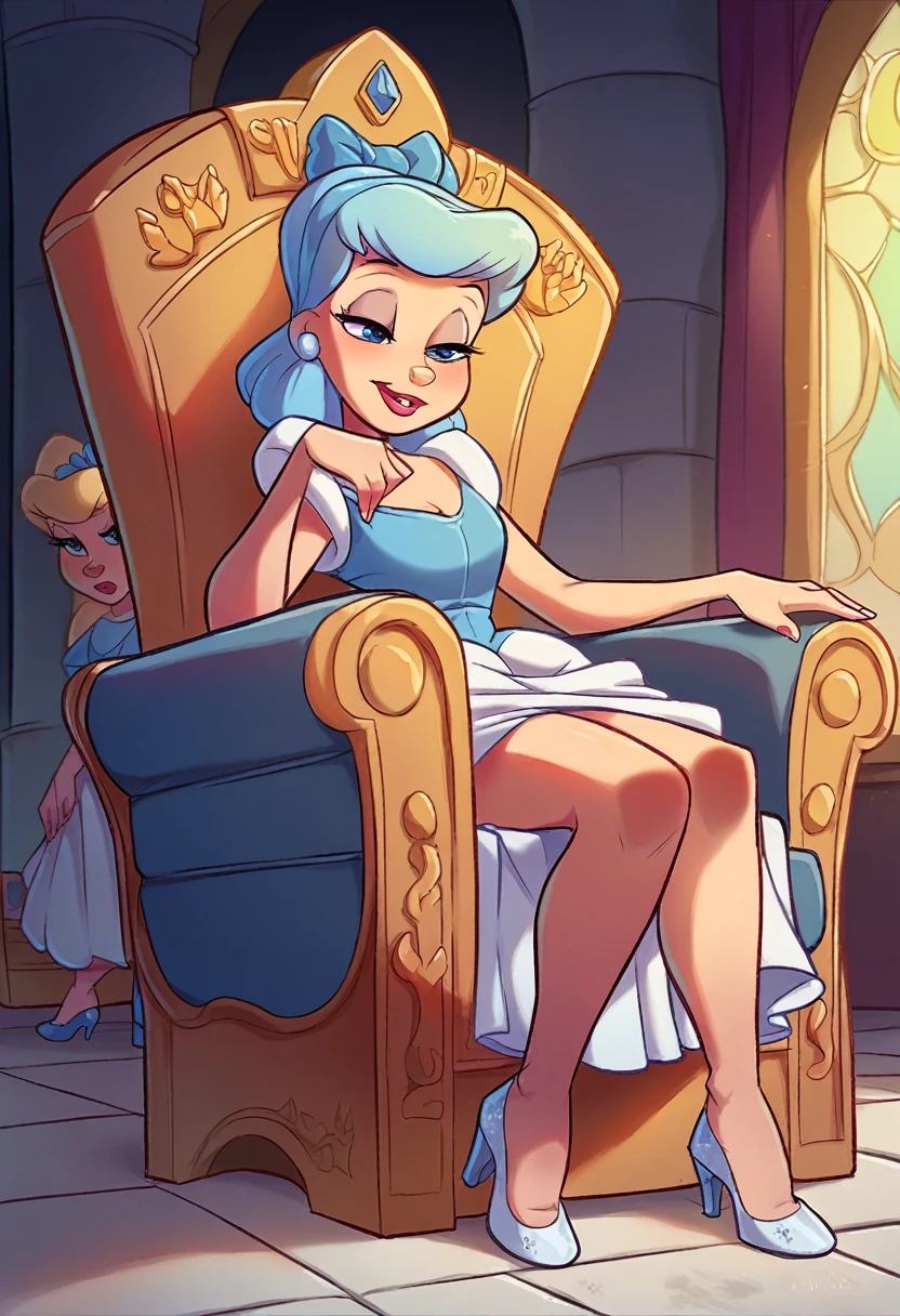 Cinderella from Disney, Fashion shot, short white dress, sit on a throne, no panties, Cristal transparent glass high heels shoe, cross-legged, arms resting on armchair 