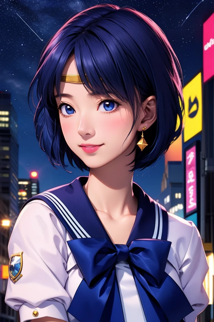 (alone, One girl), (Absurd, High resolution, formula wallpaper, Poster), (masterpiece, Highest quality:1.2), (figure, Realistic), (Perfect detail, Most detailed, Very detailed), Dramatic Light, Ami Mizuno, (Sailor Mercury, Neck ribbon, Blue Hair, short hair, Circlet, jewelry, Crescent-shaped earrings), (city, Starry Sky), (Captivating smile, blush, Are standing)