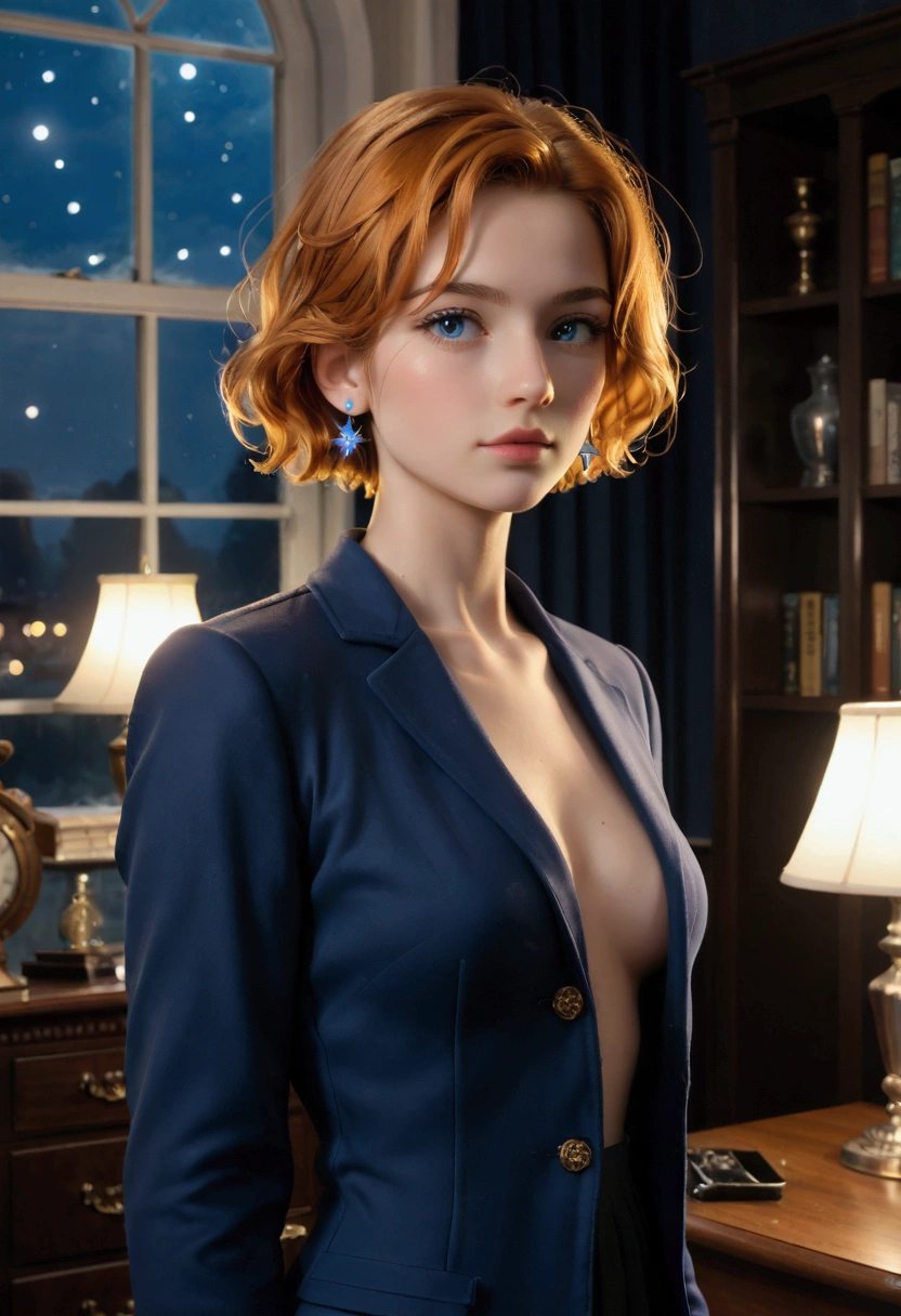 Highest quality, (masterpiece:1.2), figure, Absurd, (One girl, alone), (Beautiful detailed girl), ((Upper Body, Portraiture)),, Neck McMillan, short hair, Orange Hair, blue eyes, Medium chest, blue crystal earrings, White jacket, , nice, Calm, View your viewers,, Elegant bedroom interior, night, window, curtain, Starry Sky, lamp, Bookshelf, nightstand, vase, machine,