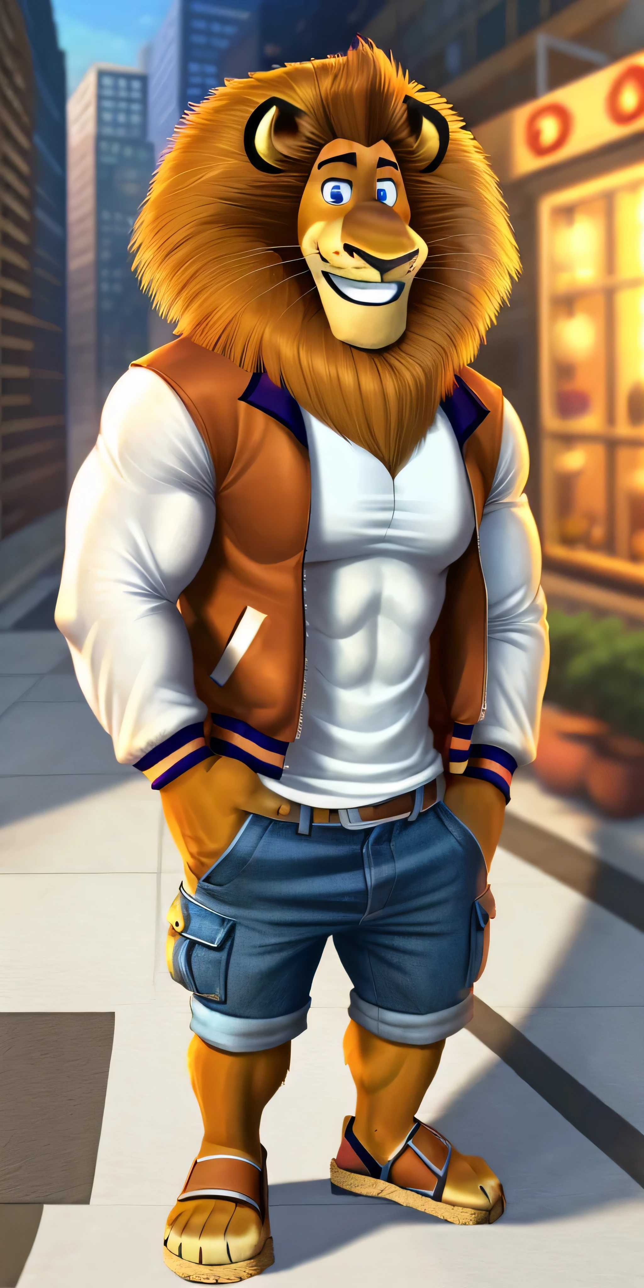 Alex the Lion, muscular body, big biceps, extremely beautiful and cute face, perfectly detailed blue eyes with perfectly detailed pupils, wears white t-shirt, cyan varsity jacket with long sleeves, denim cargo shorts with brown belt, hands in pockets, birkenstock sandals, city streets background, selfie, gentle look, cute smiling