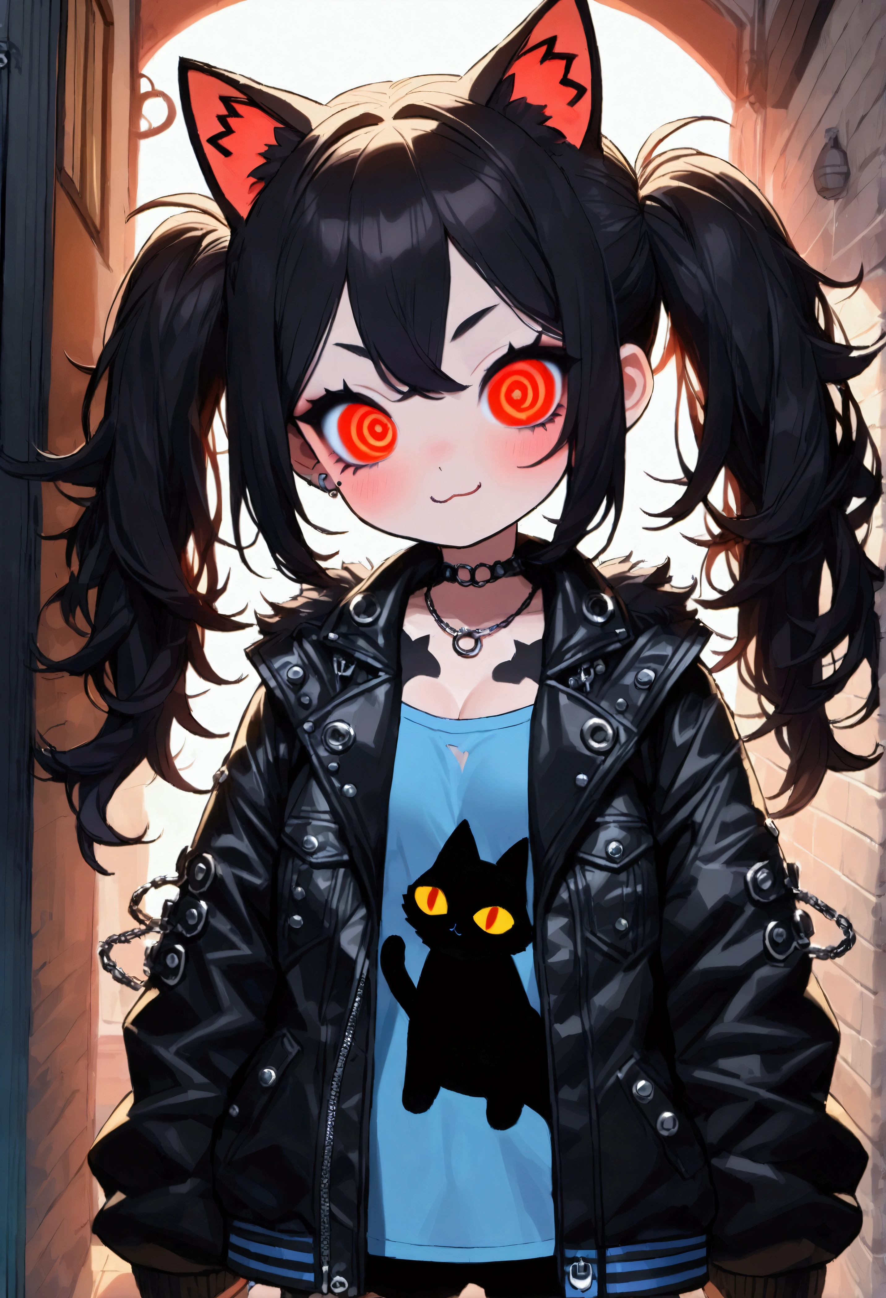 solo,1girl\(cute, kawaii, ,(evil smile),(black hair:1),(long hair),(twin tails hair),pale skin, skin color blue, red eyes, eyes shining, (big eyes),(breast:1.4),(punk fashion:1.6),(ripped clothes:1.5),(tight tube top),(tight hot pants),(stomach shown:0.8),(ripped black short jacket:1.4),(fluffy black cat-ear:1.4),(dynamic pose),(cute pose), spiralwash eyes, spiral eyes,bang\), BREAK ,background\(outside, noisy city, backstreet, narrow street, neon lights, at night\), BREAK ,quality\(8k,wallpaper of extremely detailed CG unit, ​masterpiece, high resolution, top-quality, top-quality real texture skin, hyper realistic, increase the resolution, RAW photos, best quality, highly detailed, the wallpaper, golden ratio\),(close up:1.0)