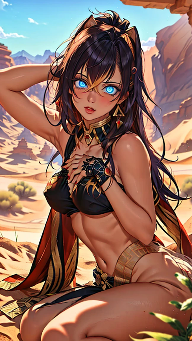 (masterpiece:1.2), best quality, high resolution, unity 8k wallpaper, (illustration:0.8), (beautiful detailed eyes:1.6), extremely detailed face, perfect lighting, extremely detailed CG, (perfect hands, perfect anatomy), leaning forward showing her chest, sexy, NSFW, blush, looking at viewer, small boobs, sexy pose, (in a twilight oasis), (ancient desert). Take care to draw hands with no errors, (no_bad_hands, no_bad_eyes, no_bad_body). hands behind the head.