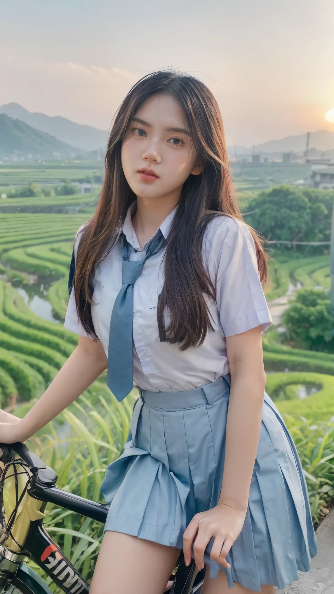 masterpiece, best quality, ultra-realistic, A young woman in a school uniform, consisting of a white shirt and a light blue pleated skirt, poses beside a black bicycle. She has long, flowing hair and is standing on a road with lush green rice fields in the background. The sun sets behind the mountains, casting a warm glow over the scene. Her confident posture and expression convey a sense of youth and freedom.