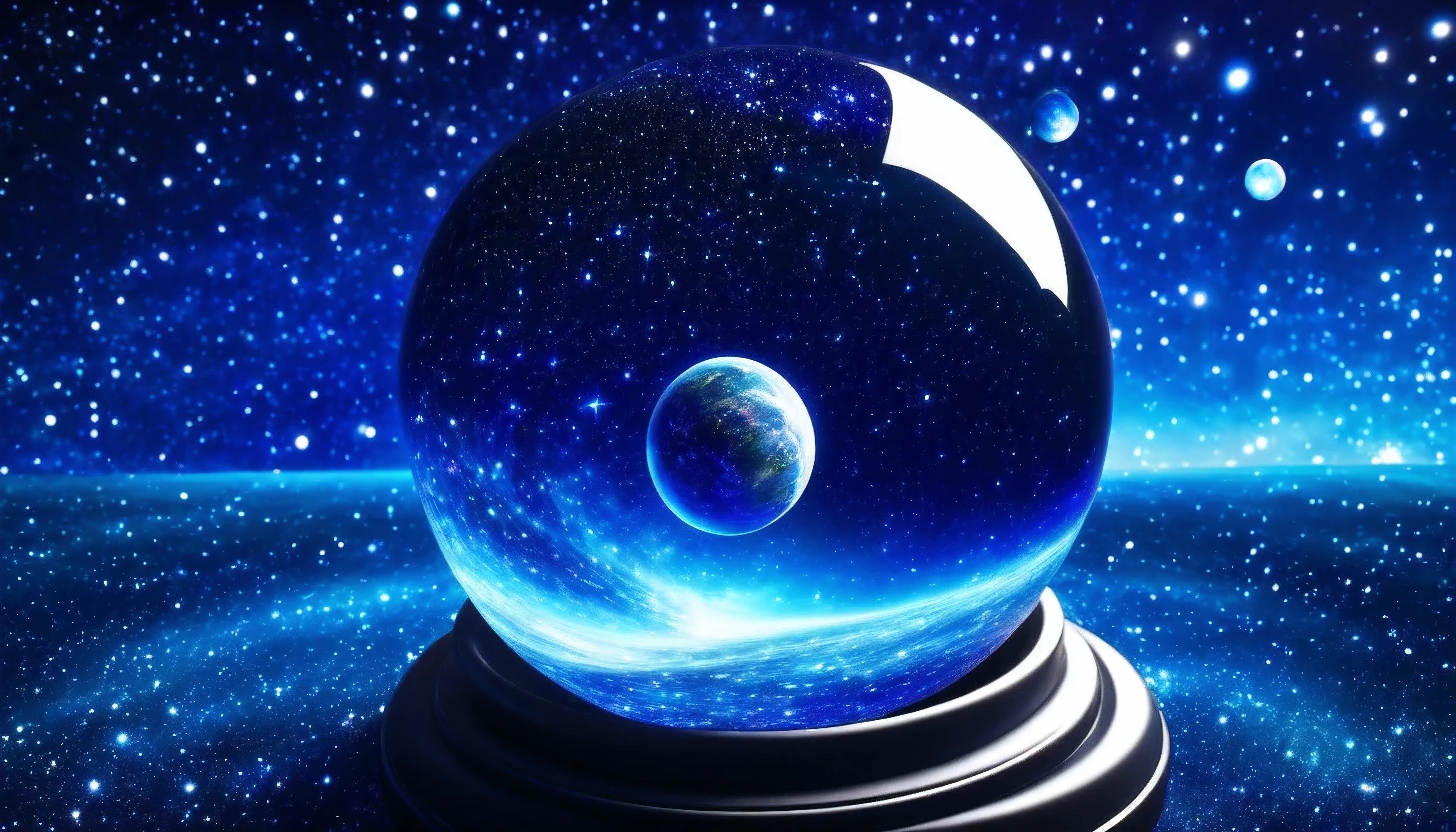 Dark blue background,There is a glass ball,Inside is the cosmic starry sky.Star, spaceship,deafening, , Perspective Painting,The whole picture is bright and clear HD UHD