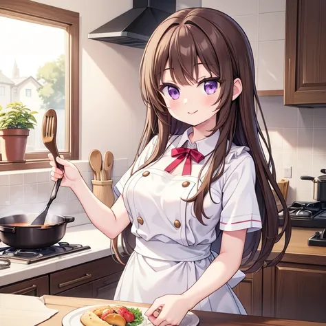 masterpiece, best quality, high quality, highres,  cover page, 1 housekeeper girl, solo, has long brown hair, has purple eyes, w...