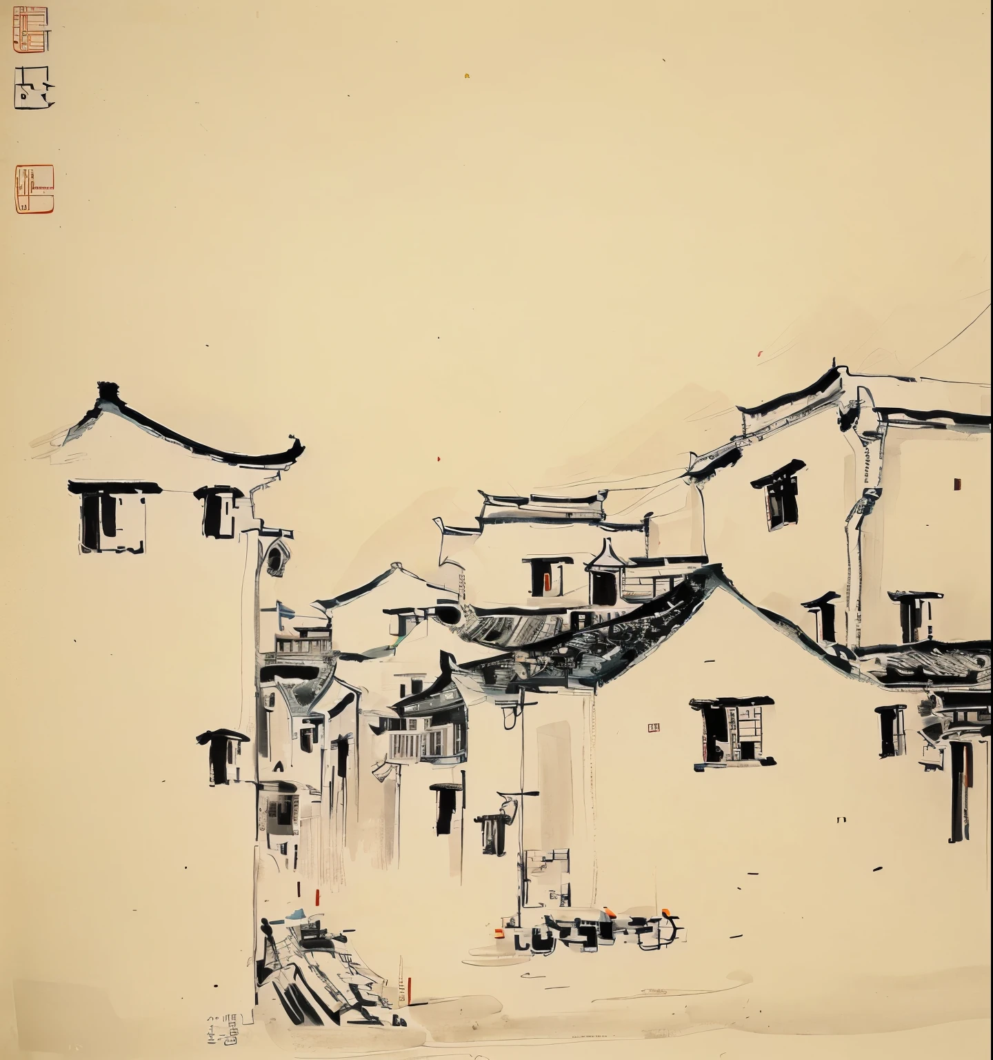 Sketch of a street with buildings and benches, Chinese writing brush pen illustration, Ink风格, museum Ink画, Ink画 ) ) ) ), China Village, Dreamy Chinatown, Inspired by Wu Guanzhong, chinese Ink画, author：Yang Borun, Ink画 on paper, Ink画, Inspired by Dong Qichang, Ink