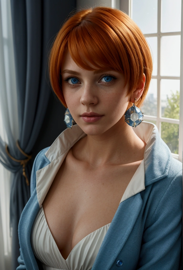 Highest quality, (masterpiece:1.2), figure, Absurd, (One girl, alone), (Beautiful detailed girl), ((Upper Body, Portraiture)),, Neck McMillan, short hair, Orange Hair, blue eyes, Medium chest, blue crystal earrings, White jacket, , nice, Calm, View your viewers,, Elegant bedroom interior, night, window, curtain, Starry Sky, lamp, Bookshelf, nightstand, vase, machine,