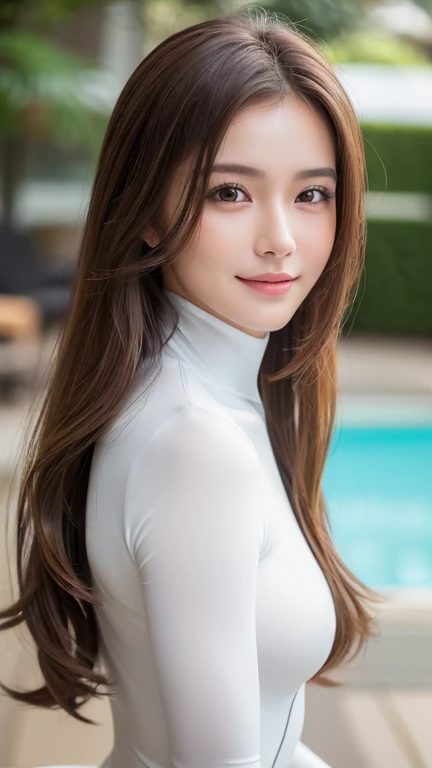 Latex bodysuit、Knee-high boots、Huge 、Long brown hair、Shiny, Oily skin、Glowing Skin、Indoor competition pool、White skin、Flying debris, Highest quality, Realistic, Very detailed, finely, High resolution, 8K デンデ wallpaper, One beautiful woman,, Light brown messy hair, Wear a business suit, Sharp focus, Perfect dynamic composition, Beautiful and detailed, Detailed Hair, Detailed Realistic skin texture, smile, Close-up portrait, Model body type
