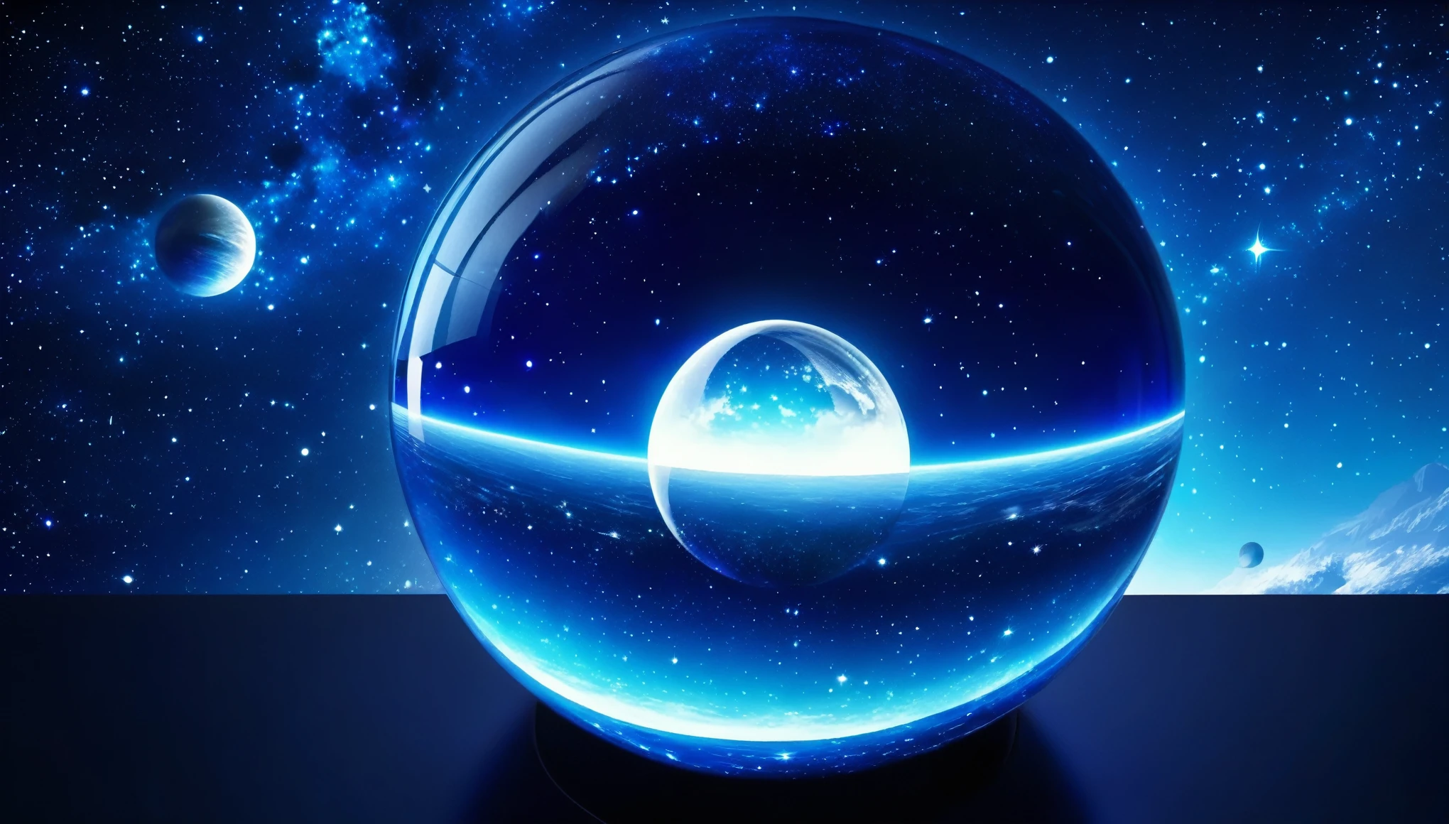 Dark blue black background,(There is a glass ball,Inside the glass ball is the starry sky,Star, spaceship) , Perspective Painting,The whole picture is bright and clear HD UHD
