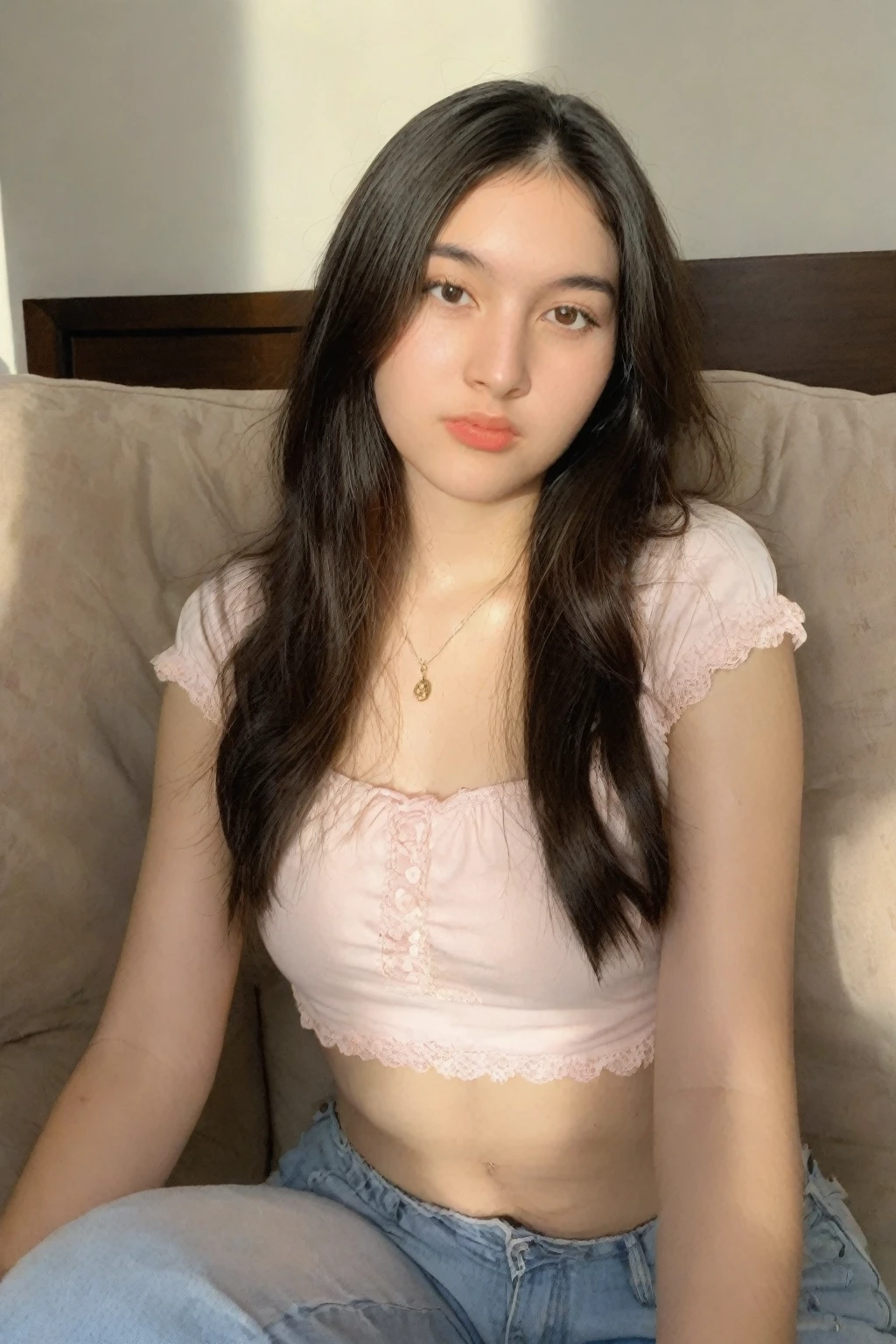 amateur, sitting, [portrait], bright lighting, eye focus, (sharp focus: 1.2), photo (full body) (American flat), attractive 2, (beautiful face: 1.1), detailed light brown eyes, delicious lips, (eye makeup: 0.85), (medium breasts: 1.0), (firm body: 1.2), (long hair: 1.2), short mini and plain t-shirt, high frequency details, (film grain), dramatic, ornate, warm colors, (backlighting:0.5), photographed on a Canon EOS R5, 85mm f/1.2 cine lens, sharp focus, (highly detailed, intricately detailed), (Cinestill 800T:0.9)
 (alessi4, ac_neg1, detailxl, ffacedetailxl, ziprealism, fhanddetailxl, ziprealism_neg, eyedetailpxl, skindetailpxl)
