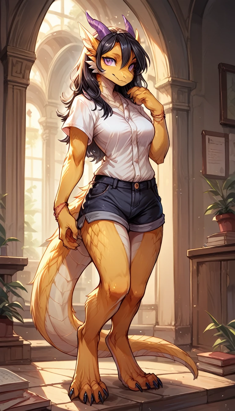 Solo, score 9, score 8 up, image of a woman standing, dragoness, purple eyes, anthro, yellow fur, black hair, digitigrade, blouse, shorts, scholar, tall, magic bracelet