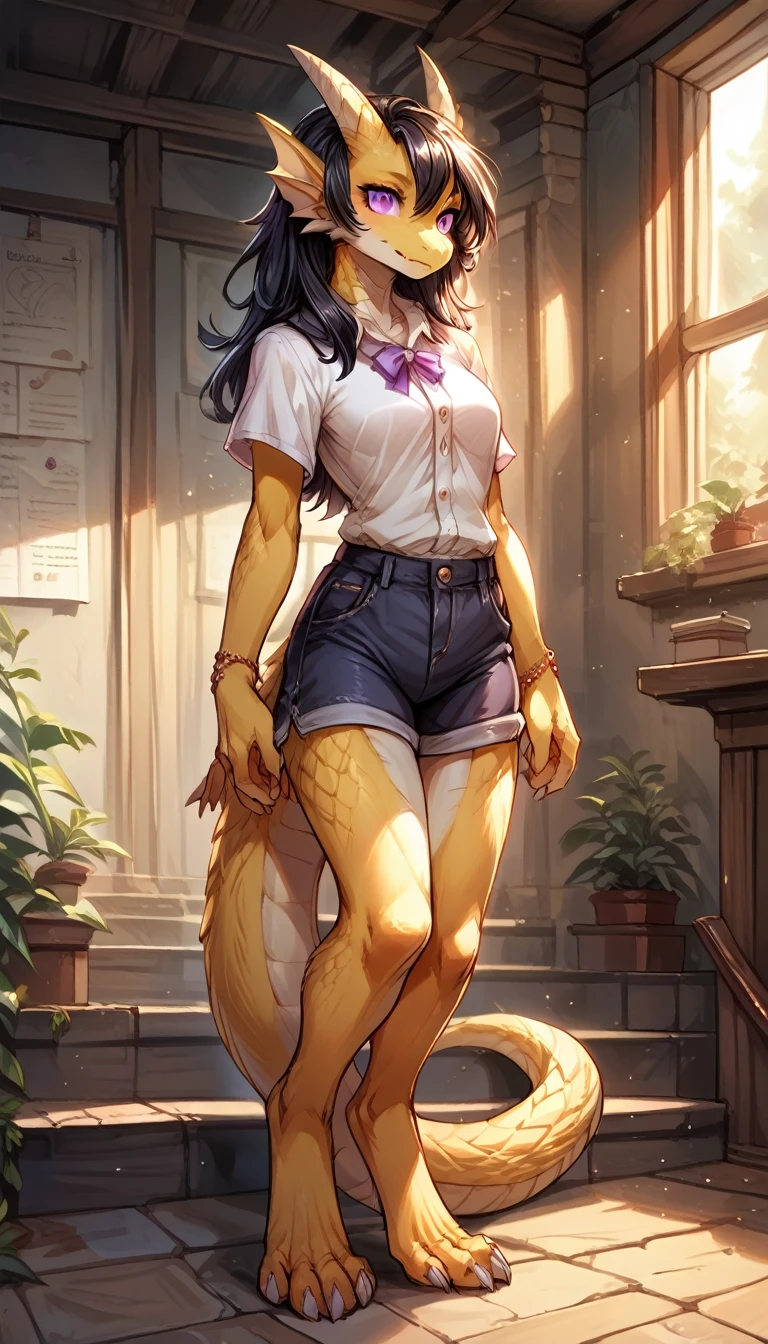 Solo, score 9, score 8 up, image of a woman standing, dragoness, purple eyes, anthro, yellow fur, black hair, digitigrade, blouse, shorts, scholar, tall, magic bracelet