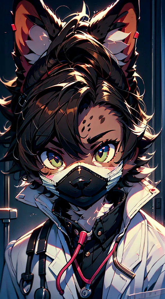 Hyena boy，hairy，furry，Brown hair all over the body，Black body，Brownish gray hair，Black spots，Black body斑点，Hyena boy，hyena ears，White coat，Doctor Boy，Cute boy，femboy，tomgirl，White coat，Stethoscope，Hospital Background，Cute boy，White coat，White lining，脖子上挂着Stethoscope，Cold expression，Cold expression，Cold expression，Face mask，黑色Face mask，黑色Face mask