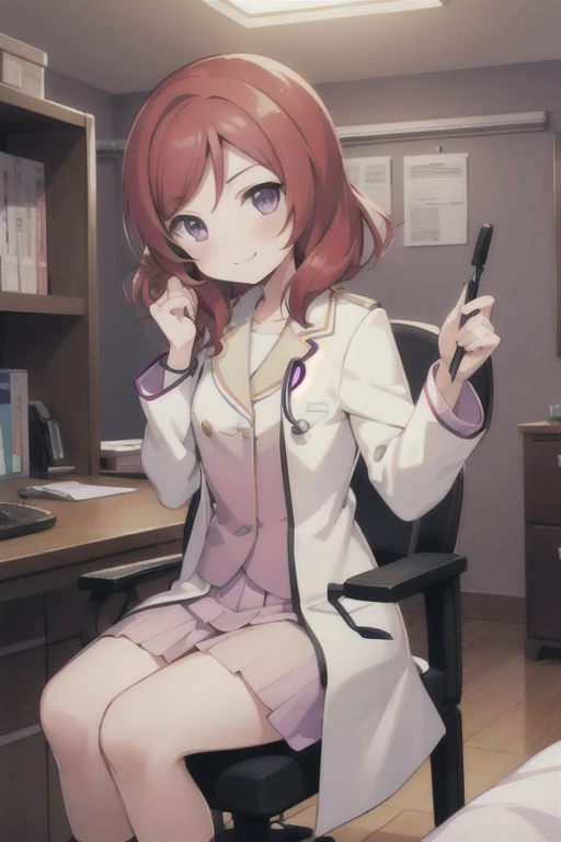 Maki Nishikino、Embarrassed smile、Bedroom、Red hair、Purple Eyes、Long white coat,doctor,Examination room、Have a stethoscope、Sit in the examination chair、One girl, solo, 