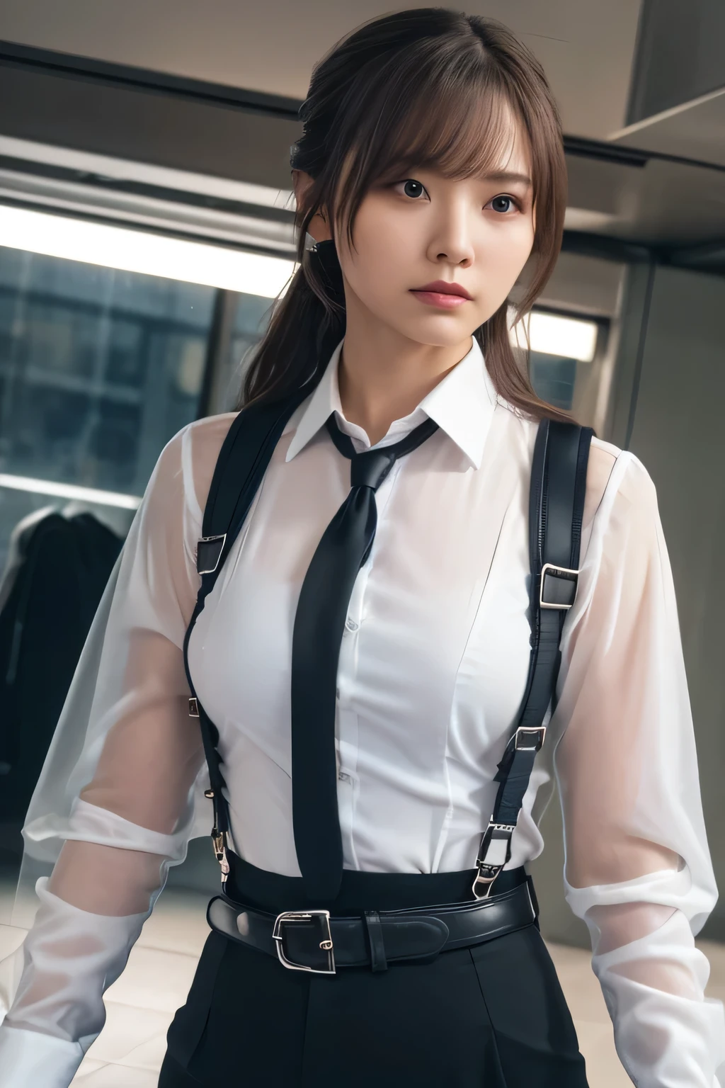 a woman in a suit, belt, hands behind back, sweating, suspenders, black pants, sexly, large breasts, see-through clothing, rain, detective, office worker, white button-up shirt, (best quality,4K,8k,highres,masterpiece:1.2),ultra-detailed,(realistic,photorealistic,photo-realistic:1.37),hyper-detailed,highly detailed face and body, Slender　thin　suspenders　Moderate breasts　See-through shirt　Nipples　holster　chain　Pistol　Armament　criminal　Female criminal　knife 　 Hands Behind Back　Constraints　handcuffs　Cable ties　Cable ties on thumbs
