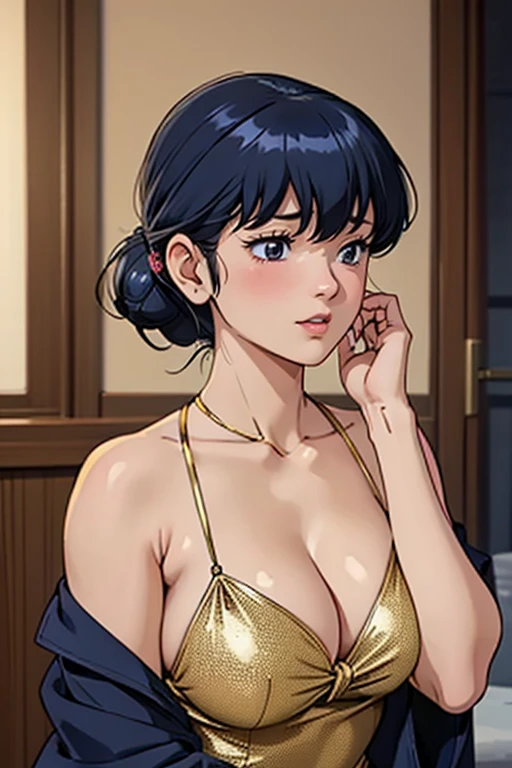 1woman , kyoko otonashi, 29yo, adult mature female,  detailed shiny skin,  (curvy body:1.3), collarbone, (huge Breasts:1.3), (narrow_waist:1.2), (huge hips:1.3) , full body, (luxury  elegant    gold glitter dress:1.2), hotel  room, , (fidget:1.2), (make up:1.5) ,collar, (Seductive pose:1.6), lift hem of a dress, from back
BREAK
((masterpiece, best quality)), detailed gradation,   HDR,
BREAK
 darkblue hair, Symmetrical bangs between eyes,  (bangs gather in the center:1.4) , (Voluminous hair:1.3), ( chignon  :1.5), (Tying up hair:1.6)
BREAK
darkblue eyes, (small  mouth:1.5)
,Beautiful small Nose,smile, frown, 
(embarrassed), open mouth ,  (in heat:1.1), Nymphomaniac, Lewd, Watery eyes, Completely melted, To flatter, half closed eyes, blush,  (orgasm ), (drool), (sewat and steam), (trembling), (stick out tongue),grin, 
(Alluring expression)
BREAK
