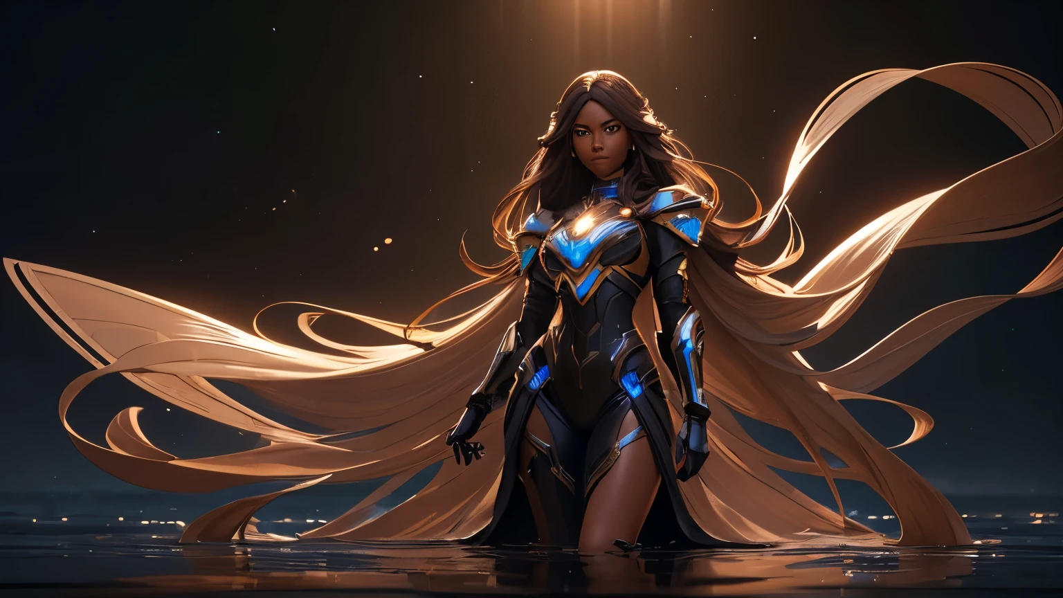 (((Full-length portrait))), full body portrait, Girl 1, (Dark skin:1.5), beautiful as super black girl 8k, ((masterpiece, best quality)), Epic battlefield atmosphere，Water Ripples，Delicate face，Depicts a beautiful knight with long hair, Flowing copper hair, a masterpiece， the best quality， High Quality， （Futurism：1.1）， （Cyberpunk clothes）， movie lights， （Exquisite future）， Beautiful and beautiful， Ultra detailed， Great composition， floating， Depth of field， （Very detailed CG，Unity 8k Wallpaper）， （Beautiful detail background）， Beautiful hair details， dramatic lights， GOGETTA， mecha，Bestquality，ultrahighres，Photoreal