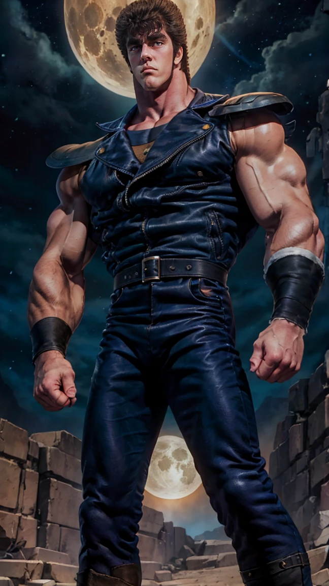 8k images、Realistic、Kenshiro of Fist of the North Star(:1.5)、Muscular、Fearless Face、Bad mood、Clear Eyes、Looking down、Looking down、Blue and black leather jacket、red_wear an undershirt、、Remains、strobe、Shooting from the feet、Combat pose、Are standing、Threatening、Giant Moon、Leather boots、