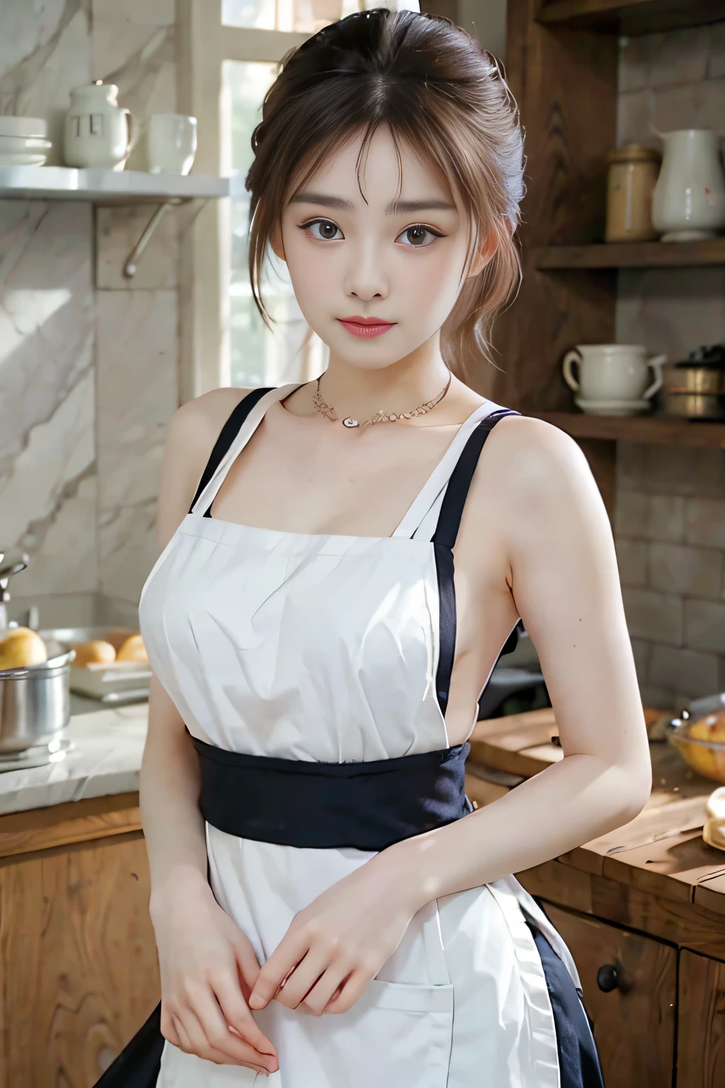 8k、Enchanting girl, Very detailed,Audrey Hepburn, Exquisite decorative details 、Stylish apron、 Very intricate details 、 Realistic Light, Very intricate details 、 Realistic Light,apron,sideboob、Put your hands behind your back