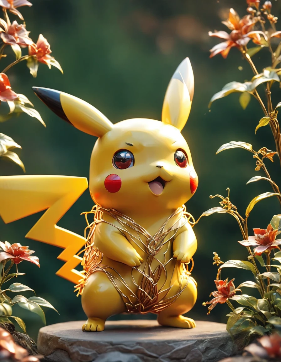 A highly detailed and Practical 3D Metal Line Art sculpture of Pikachu, the iconic Pokemon character, Intricate wire frame structure, Shiny fur, Lively face，big eyes, Red face, And a lightning-shaped tail, Dynamic poses, Ambient Lighting, photoPractical, (best quality,4K,8K,high resolution,masterpiece:1.2),Extremely detailed,(Practical,photoPractical,photo-Practical:1.37),3D Metal Line Art, hyperPractical, Pokemon, Lovely, Lovely