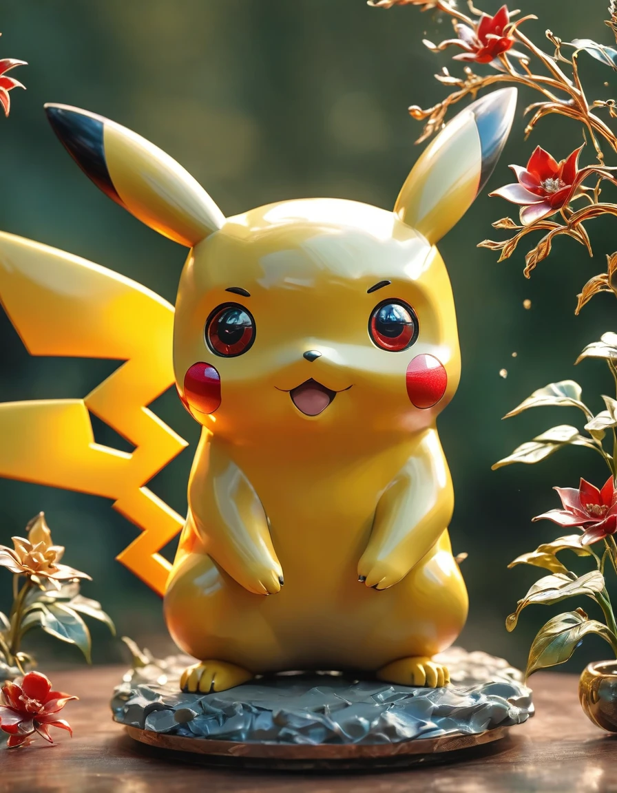 A highly detailed and Practical 3D Metal Line Art sculpture of Pikachu, the iconic Pokemon character, Intricate wire frame structure, Shiny fur, Lively face，big eyes, Red face, And a lightning-shaped tail, Dynamic poses, Ambient Lighting, photoPractical, (best quality,4K,8K,high resolution,masterpiece:1.2),Extremely detailed,(Practical,photoPractical,photo-Practical:1.37),3D Metal Line Art, hyperPractical, Pokemon, Lovely, Lovely