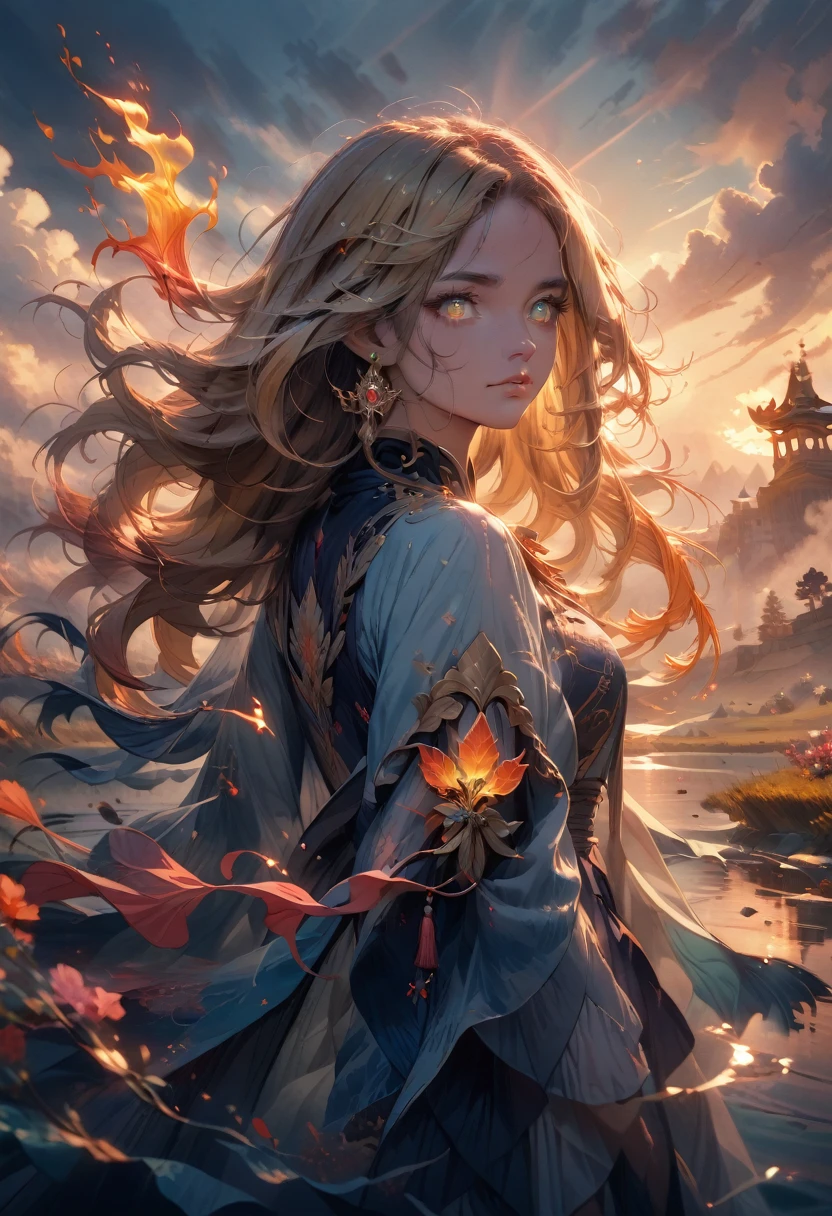 Beautiful Chinese woman, standing on the water, foggy reflection, huge divine phoenix bird in the sky, magic, Fantasy, dynamic pose, consists of multi-colored glowing flames, gentle face, tender eyes, long black and golden hair, in amber and sky blue Hanfu suit, Delicate and complex patterns, ink painting, golden bronzing, epic composition, soft shadows, Clean sharp focus, cinematography, central composition, Design Poster, film photography, panorama, 32k --in 6