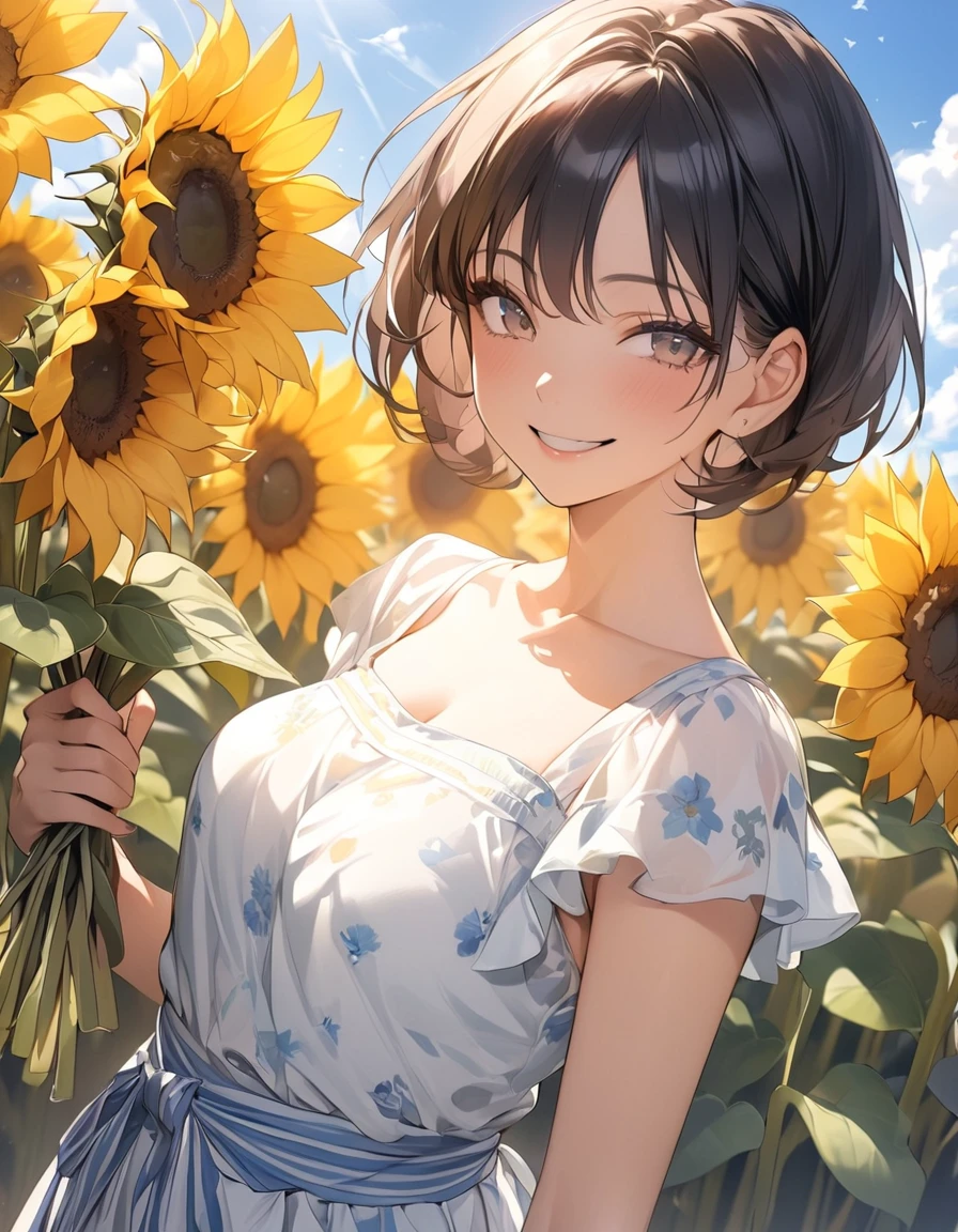 master piece, best quality, for below, cinematic angle, upper body , pigeon toed,
Anime-style Moe illustration, summer vacation theme, 20-year-old 4womans holding a bouquet of sunflowers, short hair, summer dress, slightly inner thighs, smile, accurate drawing, Active pose,
